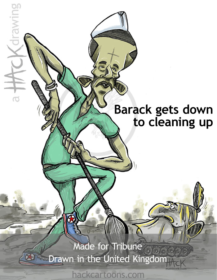 Barack Obama cartoon for Tribune magazine cover image. © Matt Buck Hack cartoons. Drawn in the UK