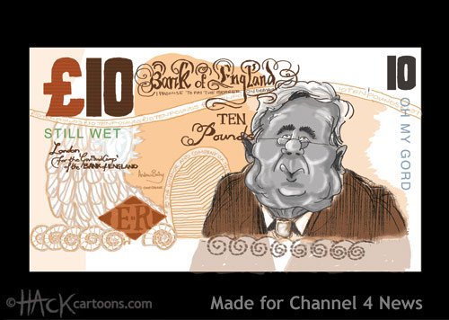 Bank of England Pound note featuring Governor of the BoE Mervyn King © Matt Buck Hack Cartoons
