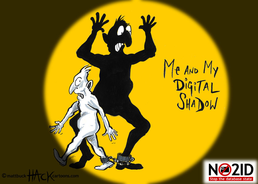 UK data scraping and personal information retention cartoon - Me and my digital shadow © Matt Buck Hack Cartoons