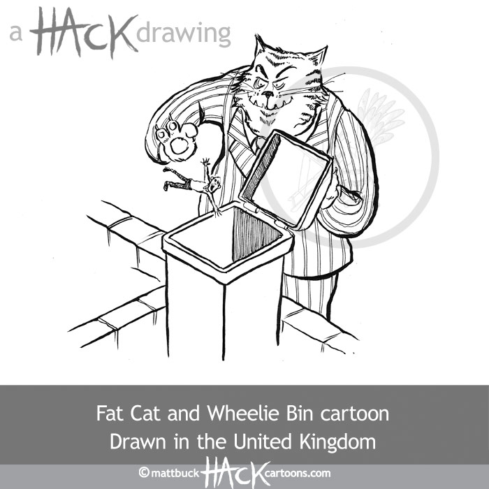 Fat Cat and British Wheelie Bin Cartoon after Mary Bale and the RSPCA © Matthew Buck Hack Cartoons. Published 25th August 2010