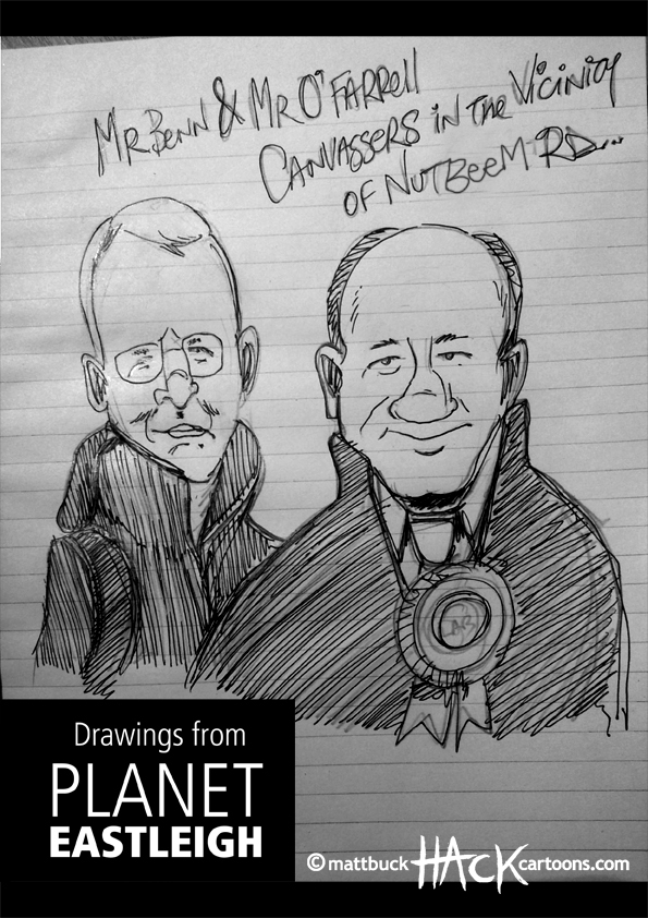 Drawnalism: Hilary Benn and john O'Farrell Campaign in Eastleigh By-election © matthew Buck Hack Cartoons