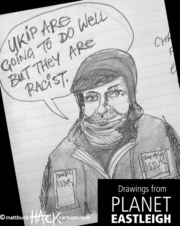 Drawnalism: Big Issue seller at Eastleigh By-election © Matthew Buck Hack Cartoons