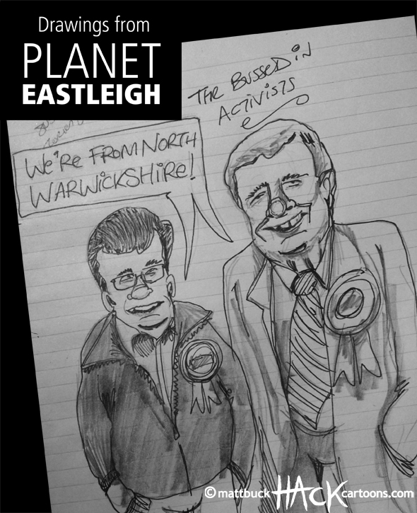 Drawnalism: Bussed In Conservative activists at Eastleigh by-election © Matthew Buck Hack Cartoons