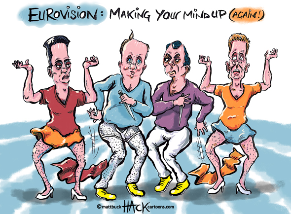 Cartoon - UK EU Eurovision with Miliband, Cameron, Farage and Clegg © Matthew Buck Hack Cartoons
