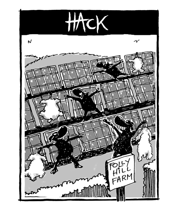 Cartoon_Solar_farm_sheep © Matthew Buck hack Cartoons for Hampshire Chronicle 2013