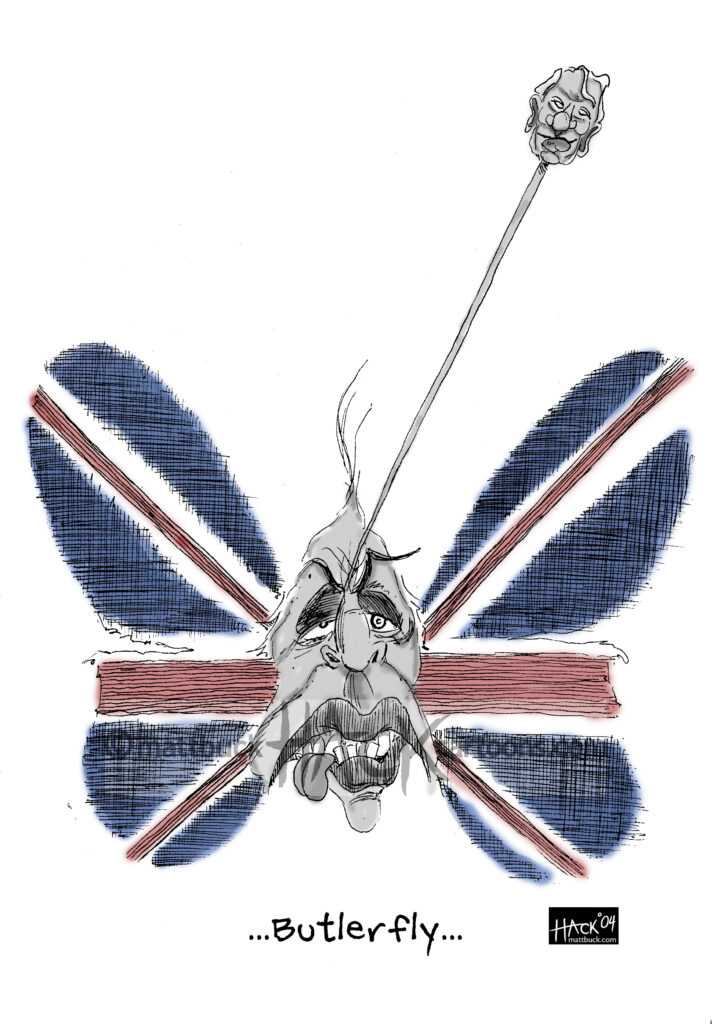 Cartoo of former UK prime Minister after Publication of Sir Robin Butler's Report into the given reasons for participating in the Invasion of Iraq in 2003. Cartoon by Matthew Buck at HACK Cartoons
