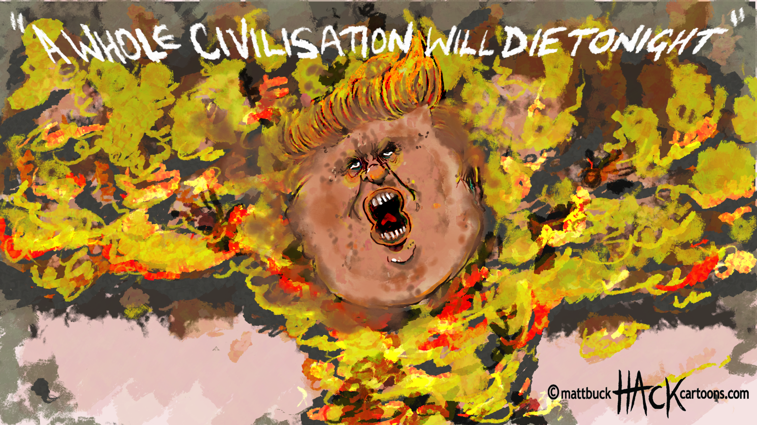 Donald Trump as a part of a large explosion. By Matthew Buck at HACK cartoons