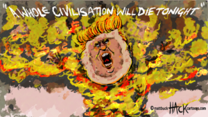 Cartoon caricature of Donald Trump as a mushroom cloud. cartoon by matthew Buck at HACK cartoons